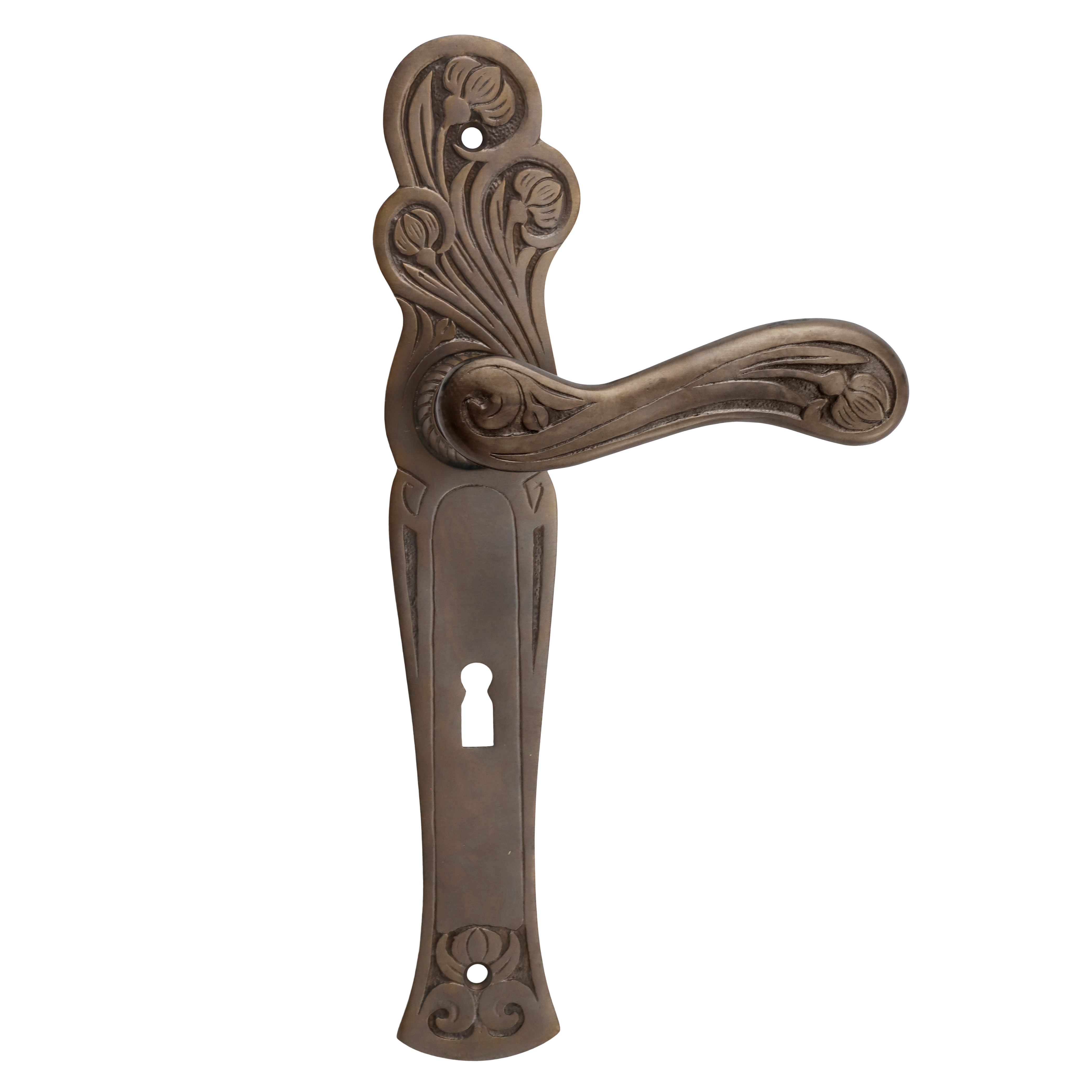 322.0053.45 Deurklink met lange plaat art nouveau messing gepatineerd