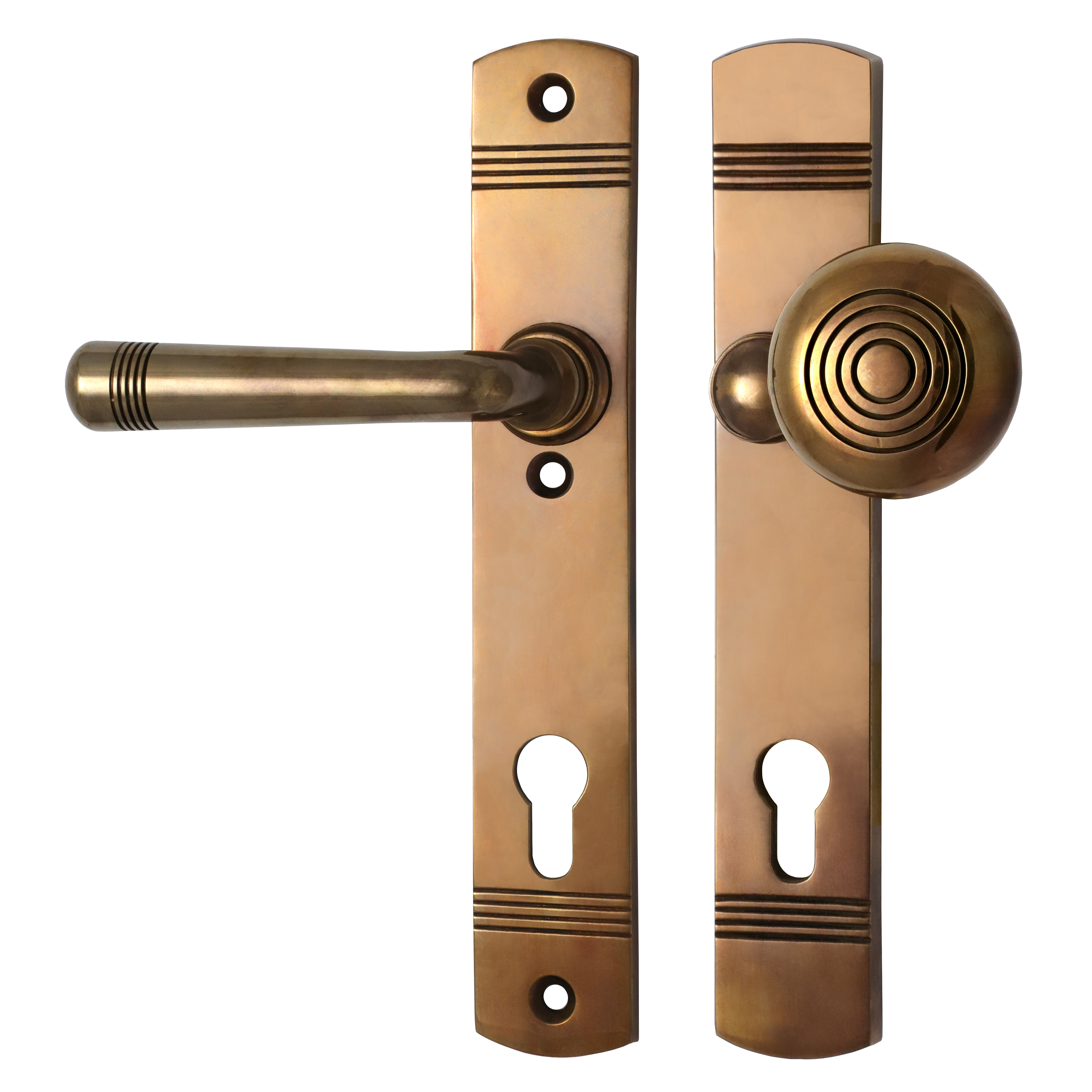 312.0068.45 Voordeurset deurkrukken met knop messing gepatineerd Art Nouveau, DIN links