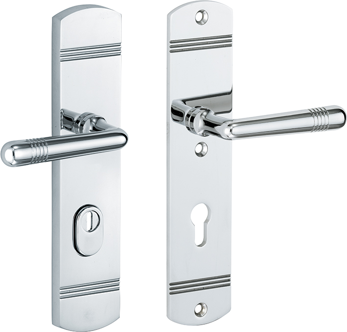 312.0099.12 Entree deur langschild set in art nouveau stijl greep/kruk met kerntrekbeveiliging gepolijst messing cilinder 72 mm DIN rechts 312.0099.12 Entree deur langschild set in art nouveau stijl greep/kruk met kerntrekbeveiliging gepolijst messing cilinder 72 mm DIN rechts